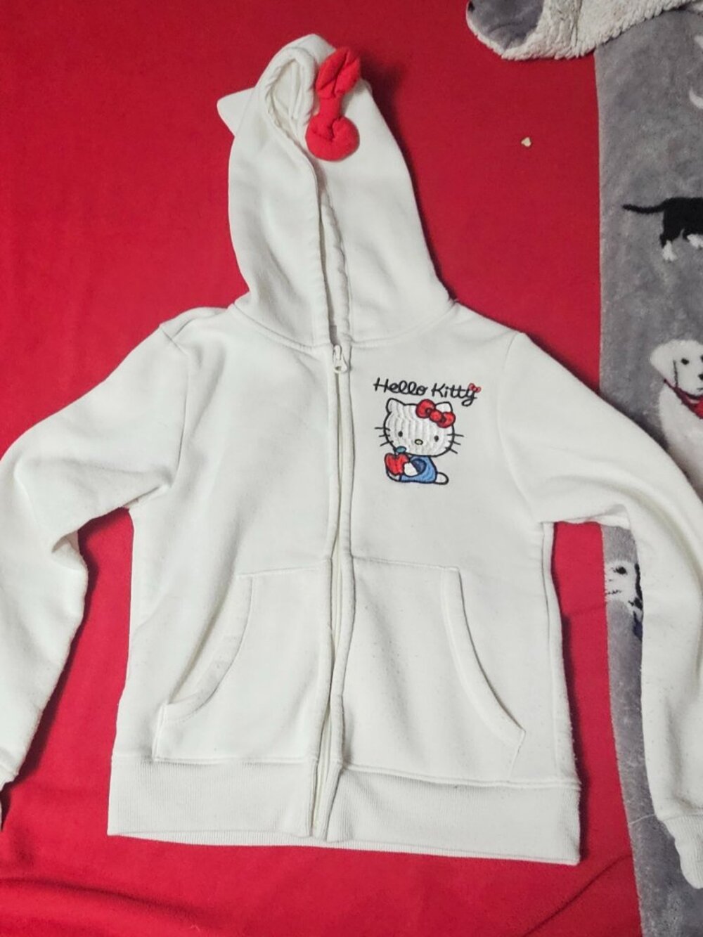 Hello Kitty Cream Full Zip Fleece Hoodie w/ Pockets Sanrio Girls Size S (7/8)